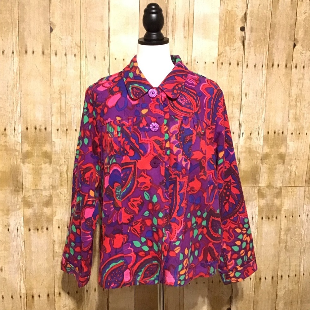 Bold Red & Purple Floral Lined Jacket XL with 3- button contrast roll cuff